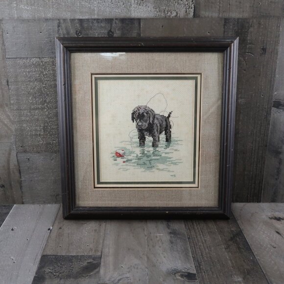 Black Labrador Puppy Dog with Fishing Bobber Framed Needlepoint Cross Stitch - Picture 2 of 5